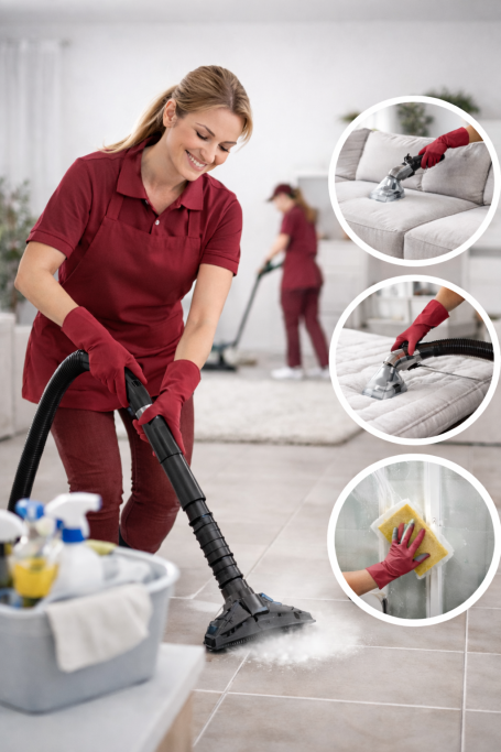 Eine Person mit gelben Handschuhen reinigt ein graues Sofa mit einem Dampfreiniger.