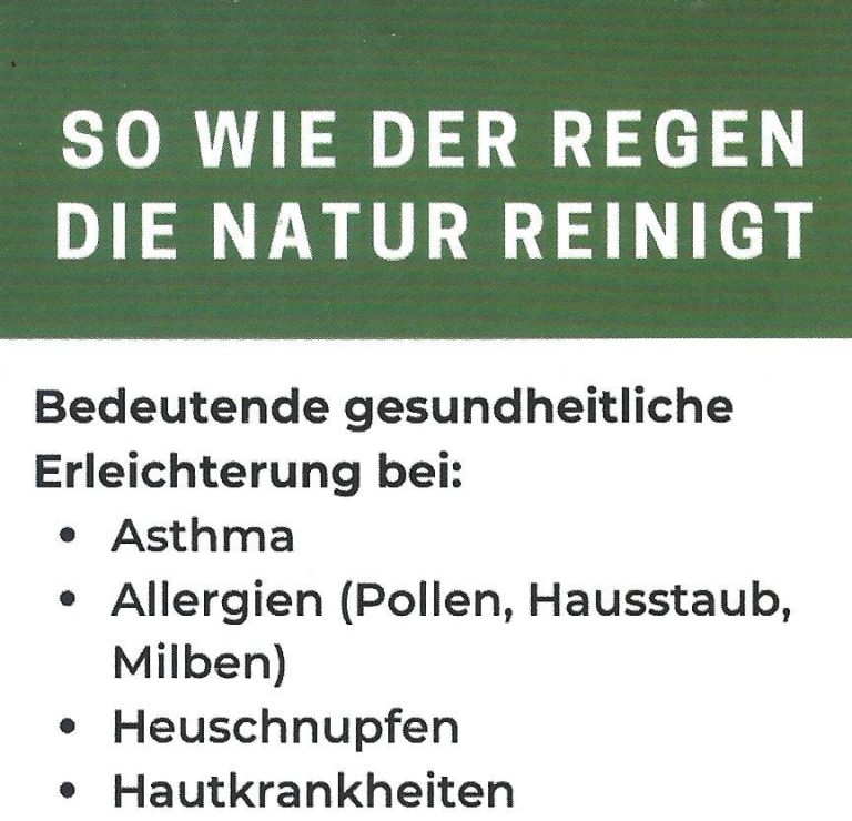 Text auf einem Hintergrund: "So wie der Regen die Natur reinigt" mit gesundheitlichen Vorteilen.