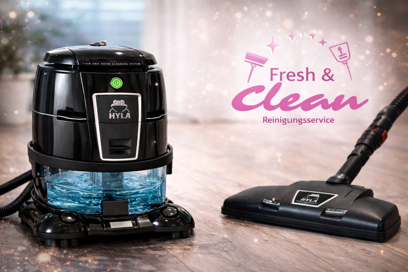 Schwarzer Staubsauger neben einem großen Topf mit grüner Pflanze auf einem Teppich.