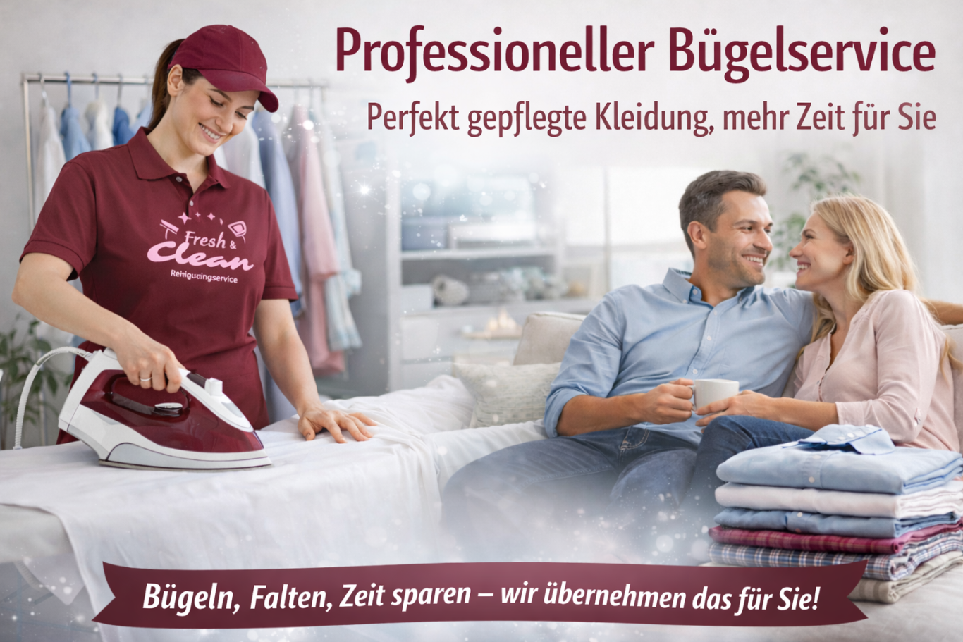 Ein grünes Dampfbügeleisen auf einem blauen Stoff.