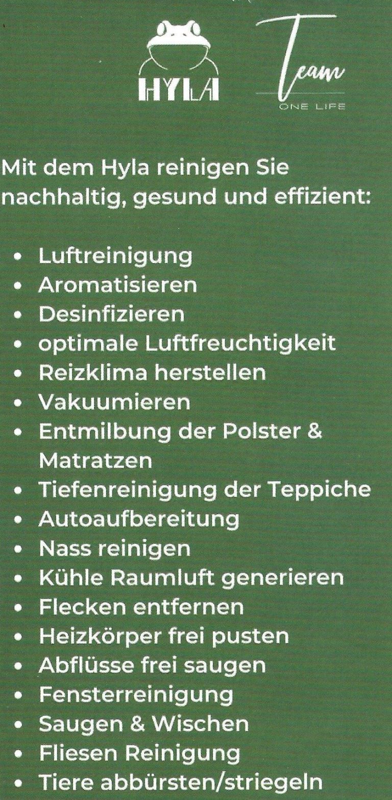 Liste vom Hyla was er alles kann auf grünem Hintergrund.